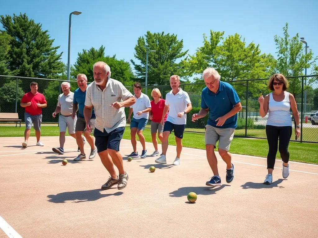 Image of people of different ages playing boules in an indoor facility, highlighting the accessibility and year-round availability of the sport.