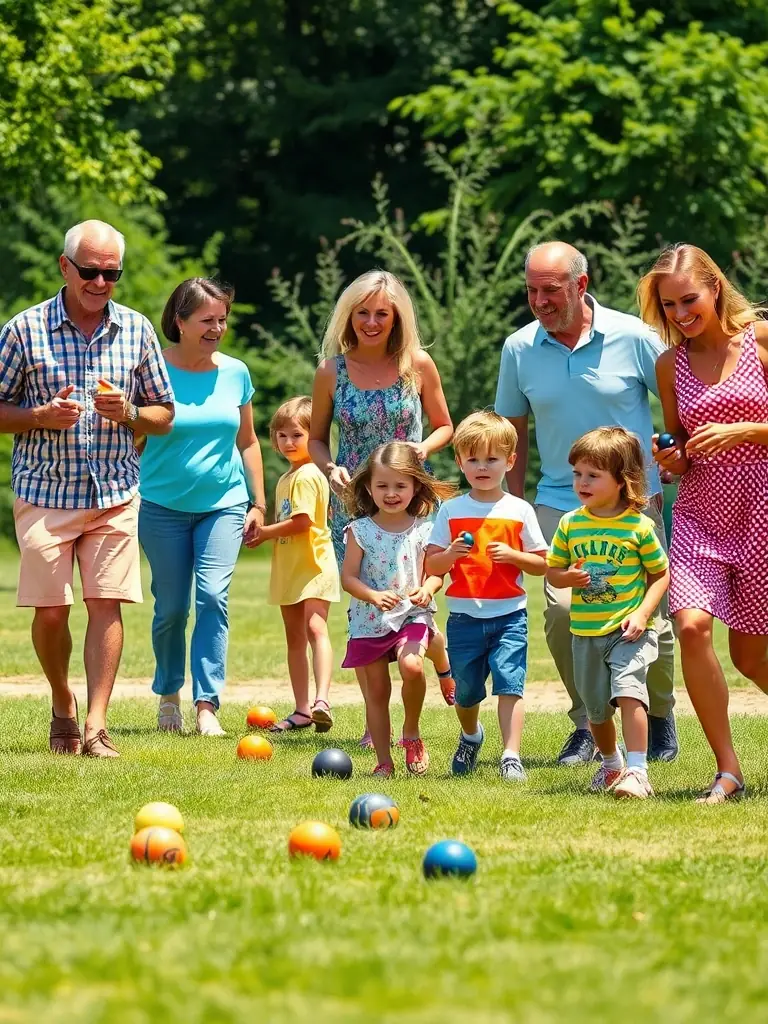 A vibrant photo capturing a group of LA PETANQUE FUMACIENNE members participating in a friendly pétanque match during a regular play session, showcasing the camaraderie and fun of the game.