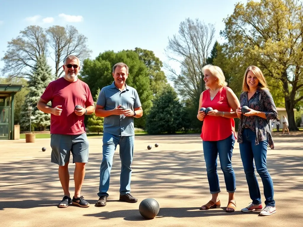 A vibrant image of players engaging in a friendly pétanque game on a sunny outdoor court, showcasing the joy and camaraderie of the sport.