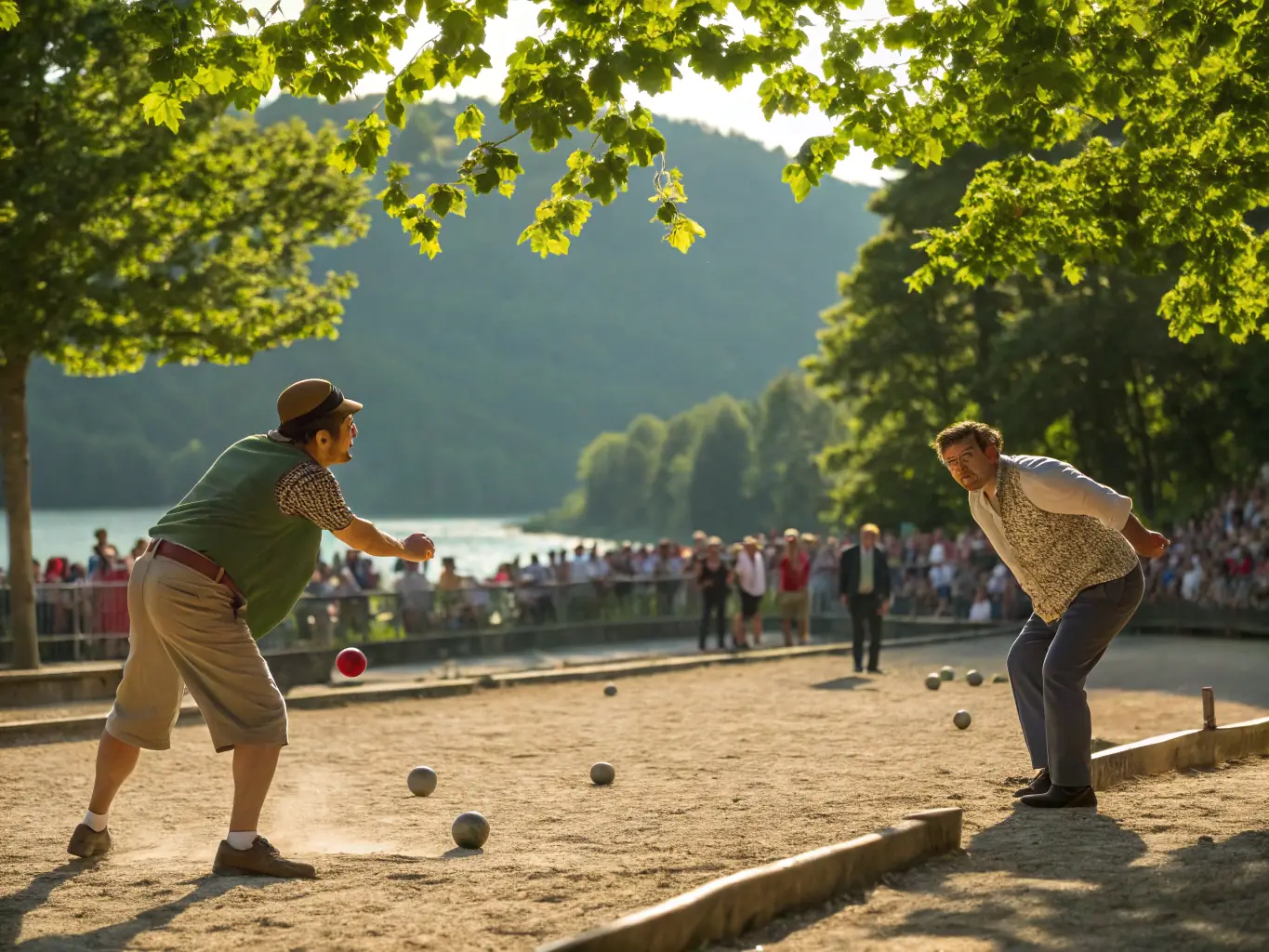 A dynamic image of a pétanque tournament in progress, with players focused and spectators cheering, capturing the excitement and competitive spirit of LA PETANQUE FUMACIENNE events.