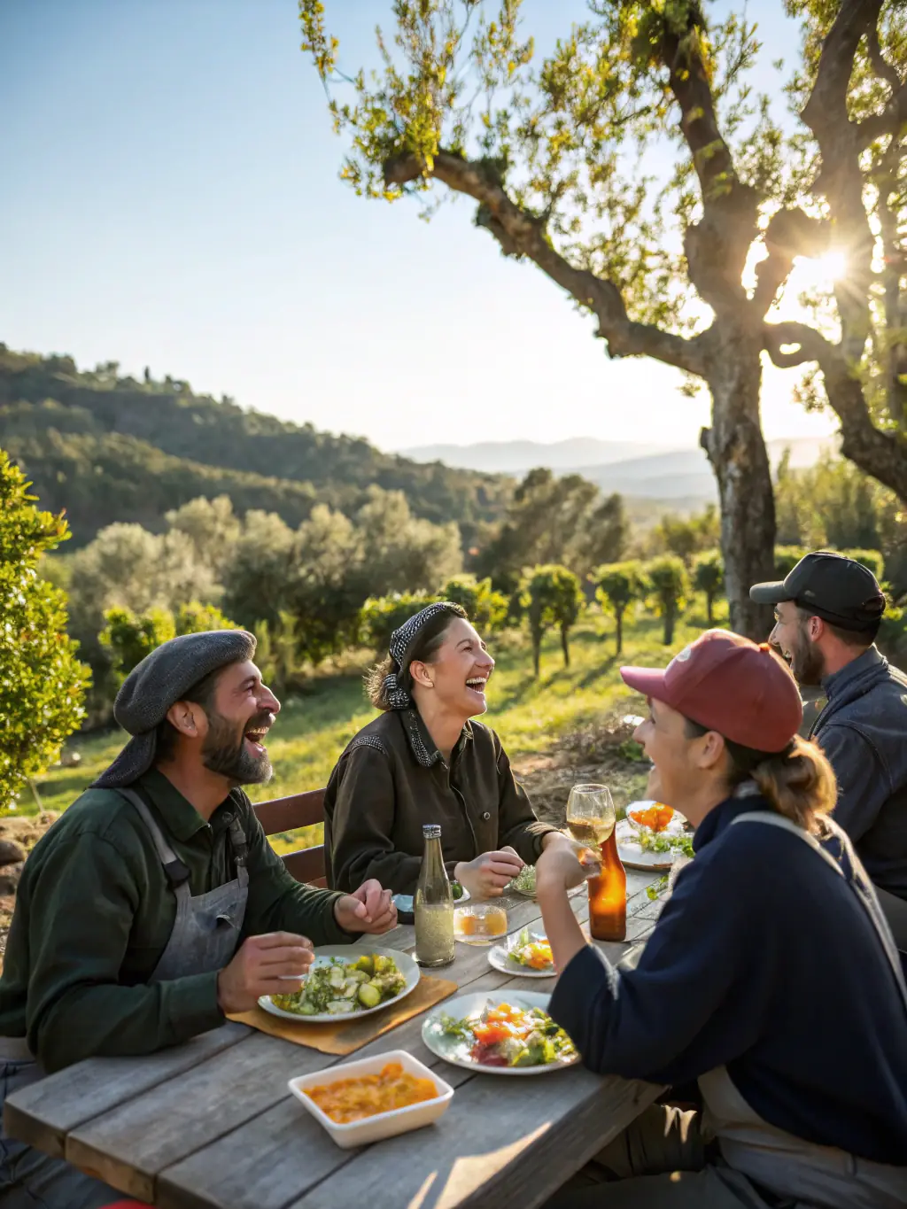 A picture of a social gathering after a pétanque event, showing members of LA PETANQUE FUMACIENNE enjoying food, drinks, and conversation.