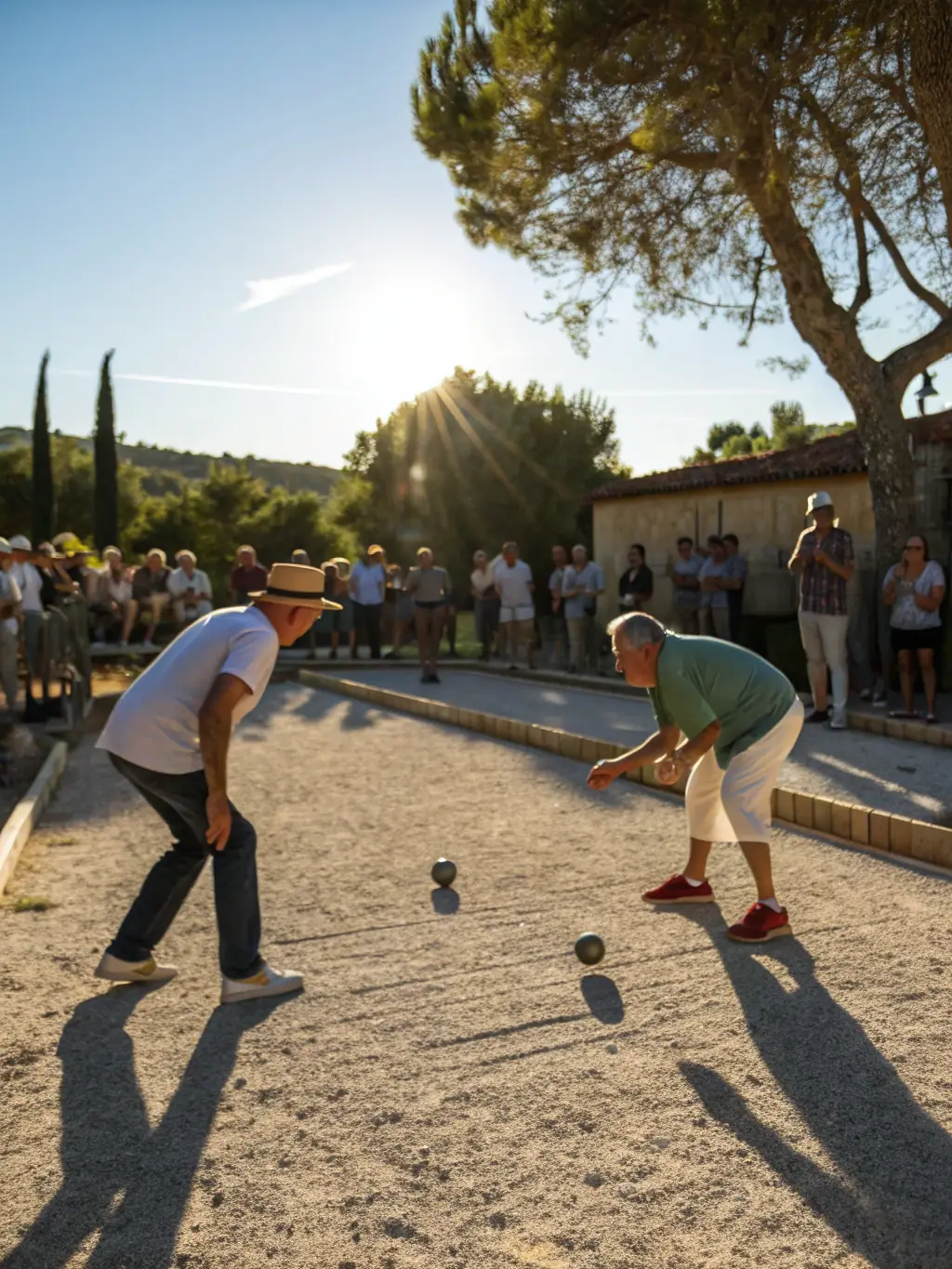 An image of a well-organized pétanque tournament hosted by LA PETANQUE FUMACIENNE, with participants focused on their throws and spectators cheering them on.