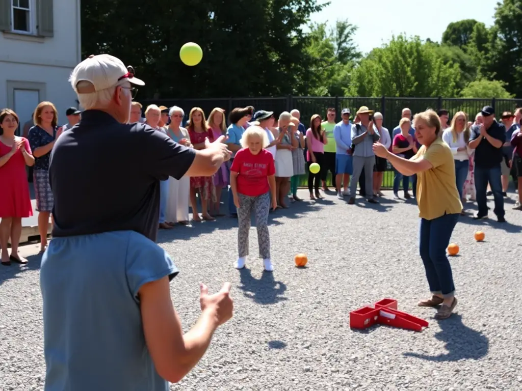 A lively scene of players competing in a pétanque tournament with spectators cheering, capturing the excitement and competitive spirit of the event.