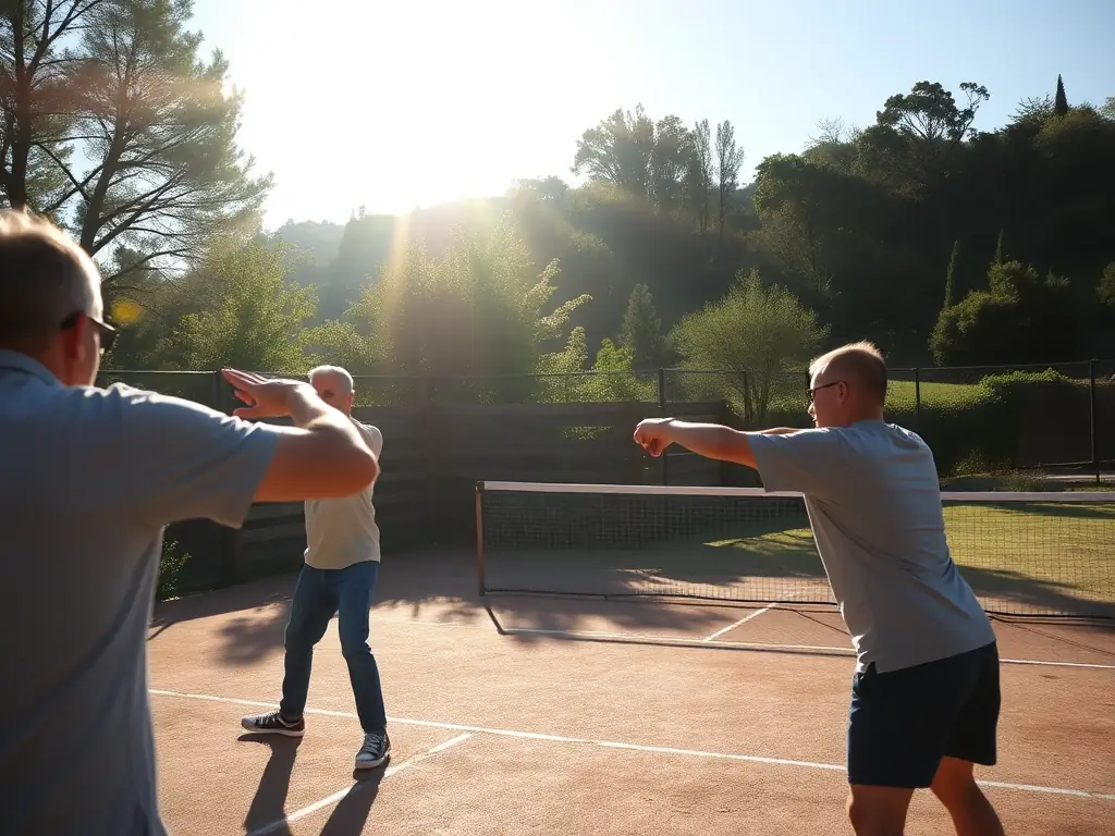 A scenic shot of a pétanque court surrounded by lush greenery, emphasizing the outdoor recreational aspect and the beautiful setting where LA PETANQUE FUMACIENNE activities take place.